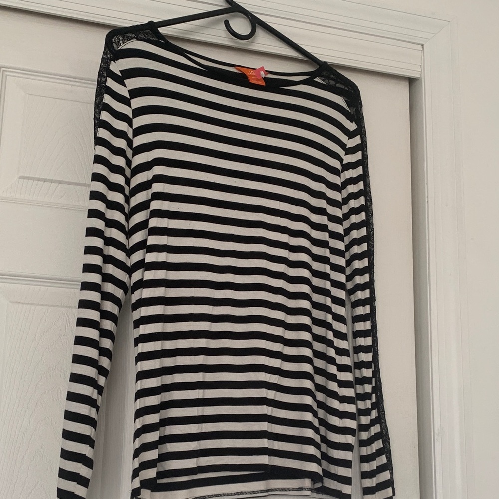Joe Fresh Black & White Striped Long-Sleeve Top with Lace Trim